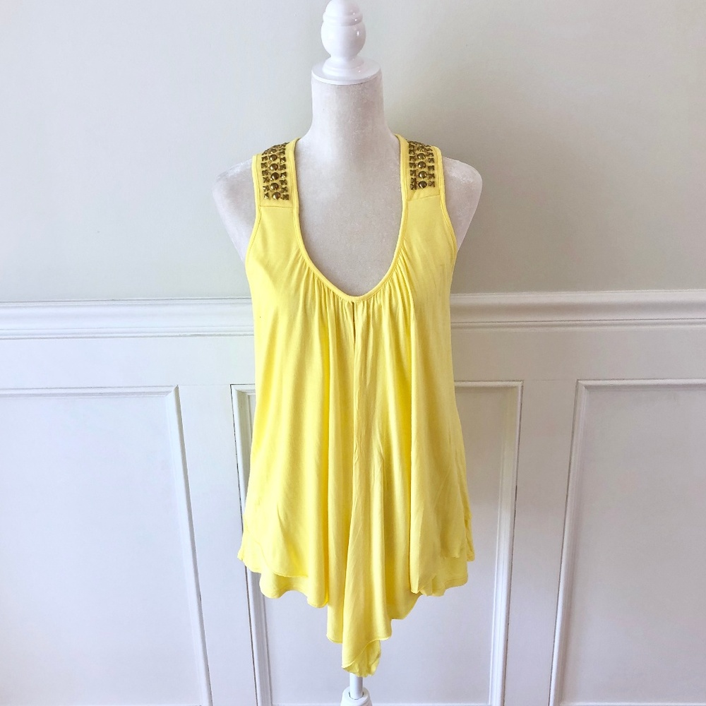 J Lo Lemon Yellow Embellished Drape Front Tank Top